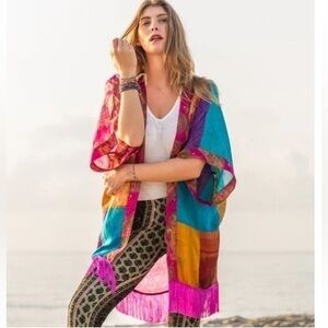 Green Sewn, silk, patchwork, fringe, open front, lightweight, kimono. One size